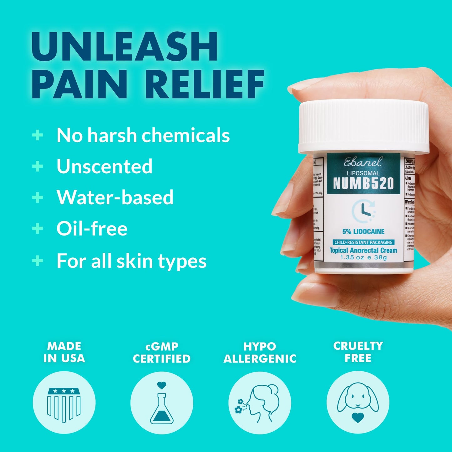 Ebanel 5% Lidocaine Numbing Cream, Pain Relief Burn Itch Numb Cream, Maximum Strength Topical Anesthetic with Allantoin, Vitamin E for Local and Anorectal Uses, Hemorrhoid Treatment, 1.35 Oz
