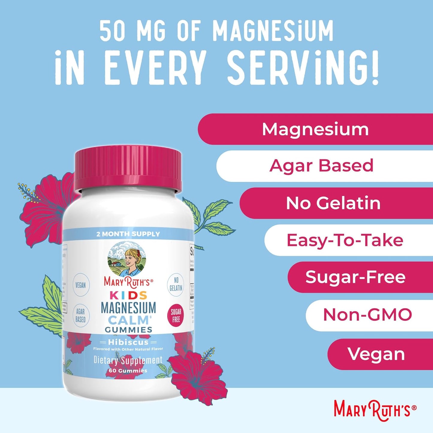 MaryRuth Organics Kids Magnesium Citrate Gummies by MaryRuth's | 2 Month Supply | Sugar-Free | Calm Magnesium Gummies for Kids 2+ | Bone Health | Calcium Absorption | Vegan | 60 Count - Nirvana Guru