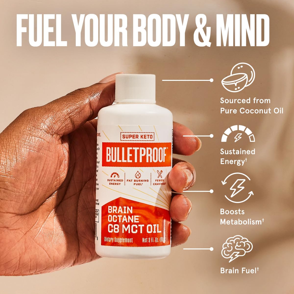 Bulletproof Coconut Brain Octane C8 MCT Oil, 16 Ounces, Premium Keto Supplement for Sustained Energy and Fewer Cravings, Brain and Body Fuel, Unflavored, Add to Coffee and Smoothies