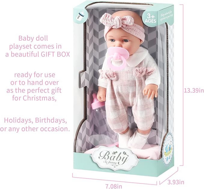 Enjoyin 12'' Baby Doll in Gift Box with Pink Cloths, Pacifier, 13''x13'' Microfabric Blanket, and Feeding Bottle. Gift Idea for Ages 3+ nirvanaguru
