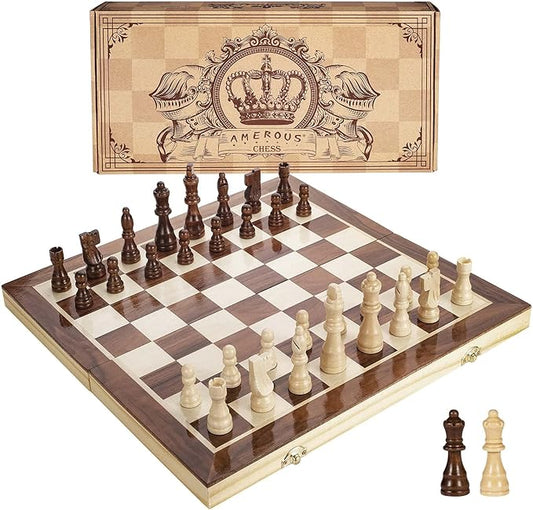 AMEROUS 15 Inches Magnetic Wooden Chess Set - 2 Extra Queens - Folding Board - Pieces Storage Slots, Handmade Portable Travel Chess Game - Beginner Chess Set for Kids, 6 up Age Nirvana Guru