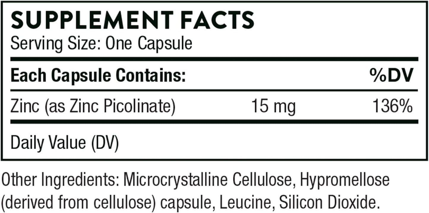 THORNE Zinc Picolinate 15mg - Highly Absorbable Zinc Supplement - Supports Wellness, Immune System, Eye, Skin, and Reproductive Health* - Gluten-Free, Soy-Free, Dairy-Free - 60 Capsules - Nirvana Guru