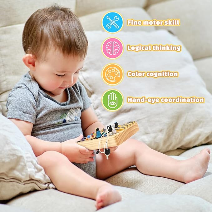 Joyreal Montessori Busy Board Wooden Sensory Toys for Toddler with LED Light Up Switch, Baby Fidget Board Travel Toys for 18+ Months, Boys Girls Birthday, Medium nirvanaguru