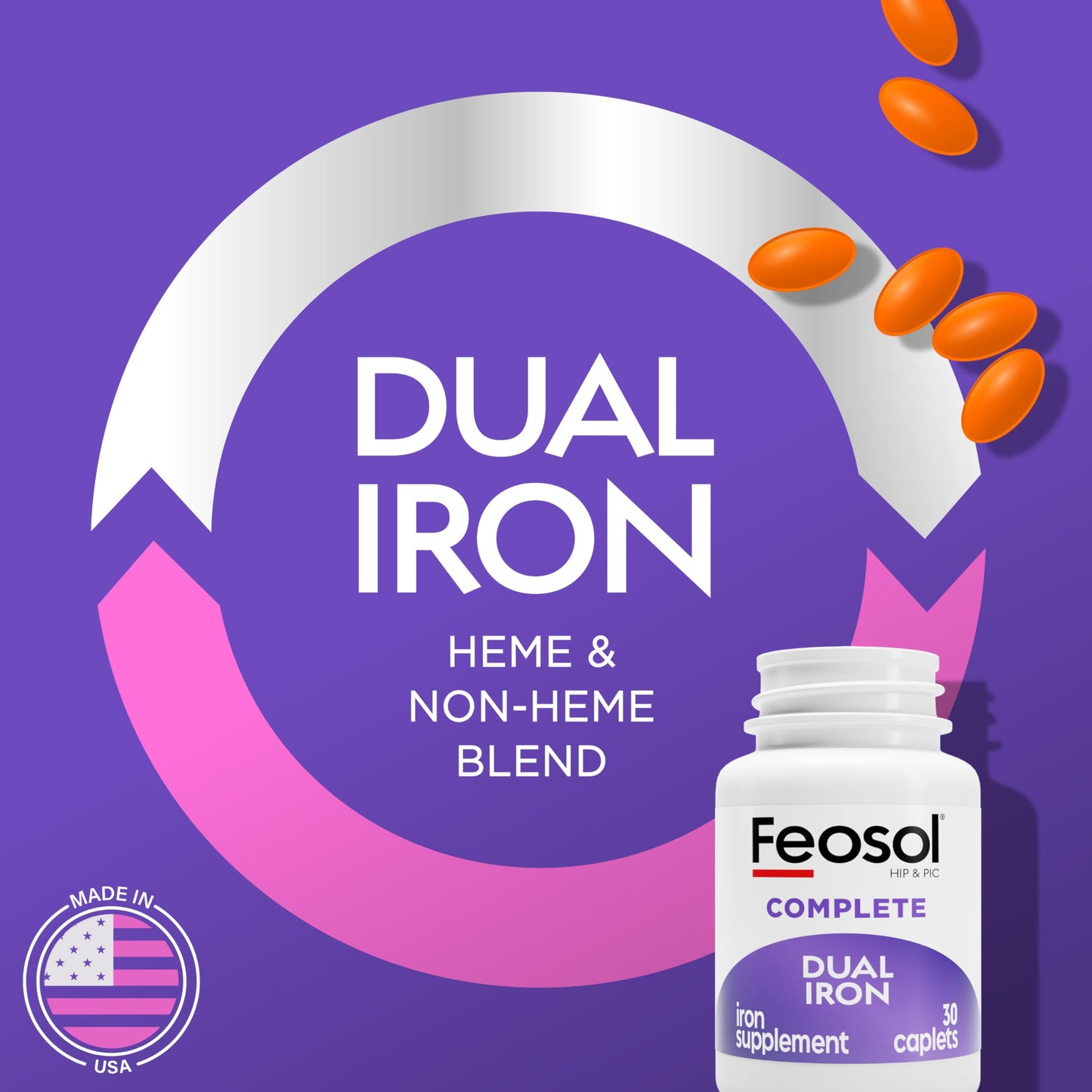 Feosol Complete Iron Supplement Caplets, Bifera Iron for High Absorption, Heme and Non-Heme Dual Action Minimizes Side Effects, 1 Per Day, for Energy and Immune System Support, Made in USA, 30 Count Nirvana Guru