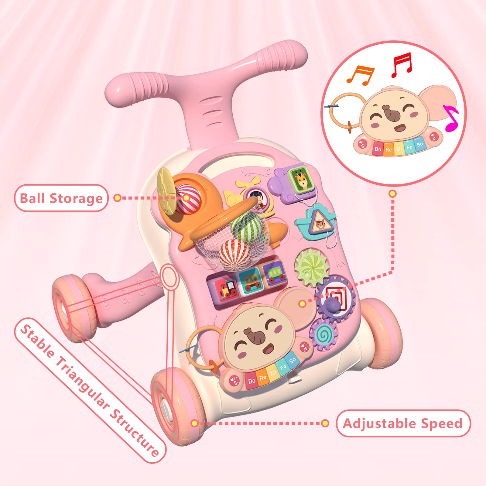 QDRAGON 3 in 1 Baby Walker and Activity Center for Girl, Learning to Walk, Sit to Stand, Early Educational Push Toys with Music Panel for Infant Toddler 12+ Months Pink Nirvana Guru
