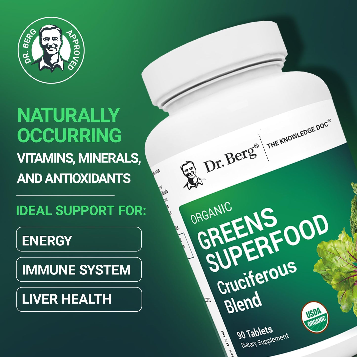 Dr. Berg's Greens Superfood Cruciferous Vegetable Tablets - Vegetable Supplements for Adults w/ 11 Phytonutrient Super Greens Tablets - Energy, Immune System & Liver Veggie Tablets - 90 Tablets - Nirvana Guru