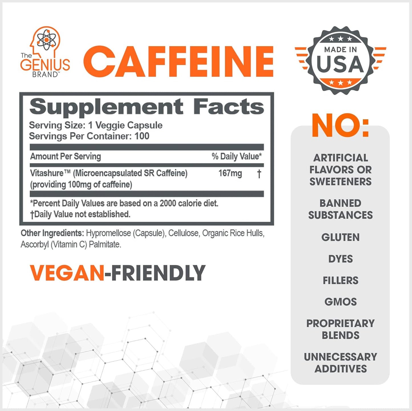 Genius Caffeine - Sustained-Release Microencapsulated Caffeine Pills for Smooth, Long-Lasting Energy & Focus - No Jitters or Crash - 100mg per Capsule - 100 Servings - Natural Performance Booster