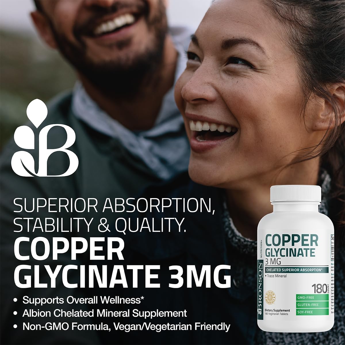 Bronson Copper Glycinate 3mg Chelated Superior Absorption Non-GMO, 180 Vegetarian Tablets Nirvana Guru
