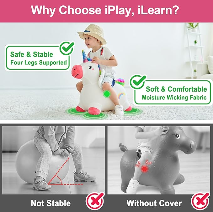 iPlay, iLearn Bouncy Pals Hopping Unicorn Horse, Toddler Girl Inflatable Bouncing Animal Hopper Toy, Outdoor Indoor Plush Ride on Bouncer, Baby Birthday Gift 18 Month 2 3 4 Year Old Kid - Unicorn Nirvana Guru