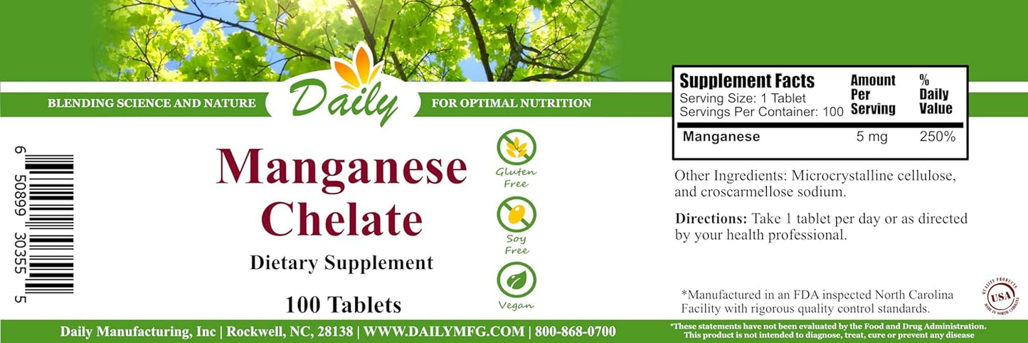Daily Manufacturing Manganese Chelate (5 mg) 100 Tablets Nirvana Guru