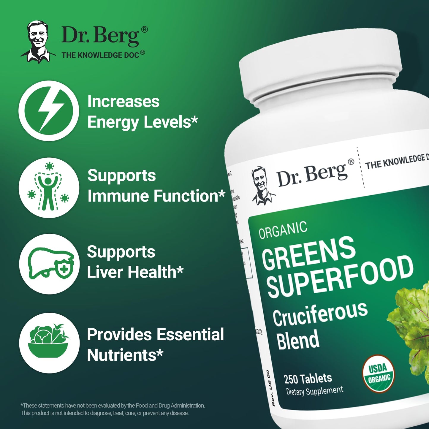 Dr. Berg's Greens Superfood Cruciferous Vegetable Tablets - Vegetable Supplements for Adults w/ 11 Phytonutrient Super Greens Tablets - Energy, Immune System & Liver Veggie Tablets - 90 Tablets - Nirvana Guru