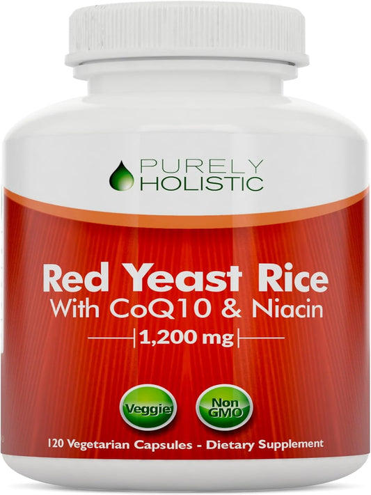 Red Yeast Rice 1200mg with CoQ10 Supplement & Flush Free Niacin 120 Extra Strength Vegetarian Capsules – Advanced Healthy Heart Formula - Non-Irradiated, Citrinin Free - Nirvana Guru