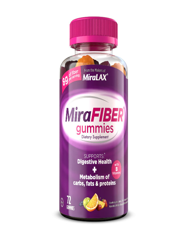 MiraFIBER Gummies, From The Gut Experts at MiraLAX, 8g of Daily Prebiotic Fiber with B Vitamins to Support Digestive Health and Metabolism, Fruit Flavored Fiber Gummies, 72 Count