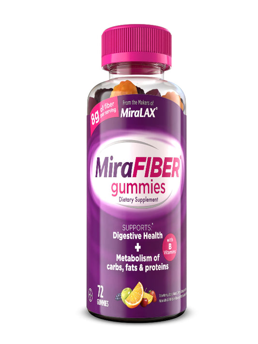 MiraFIBER Gummies, From The Gut Experts at MiraLAX, 8g of Daily Prebiotic Fiber with B Vitamins to Support Digestive Health and Metabolism, Fruit Flavored Fiber Gummies, 72 Count