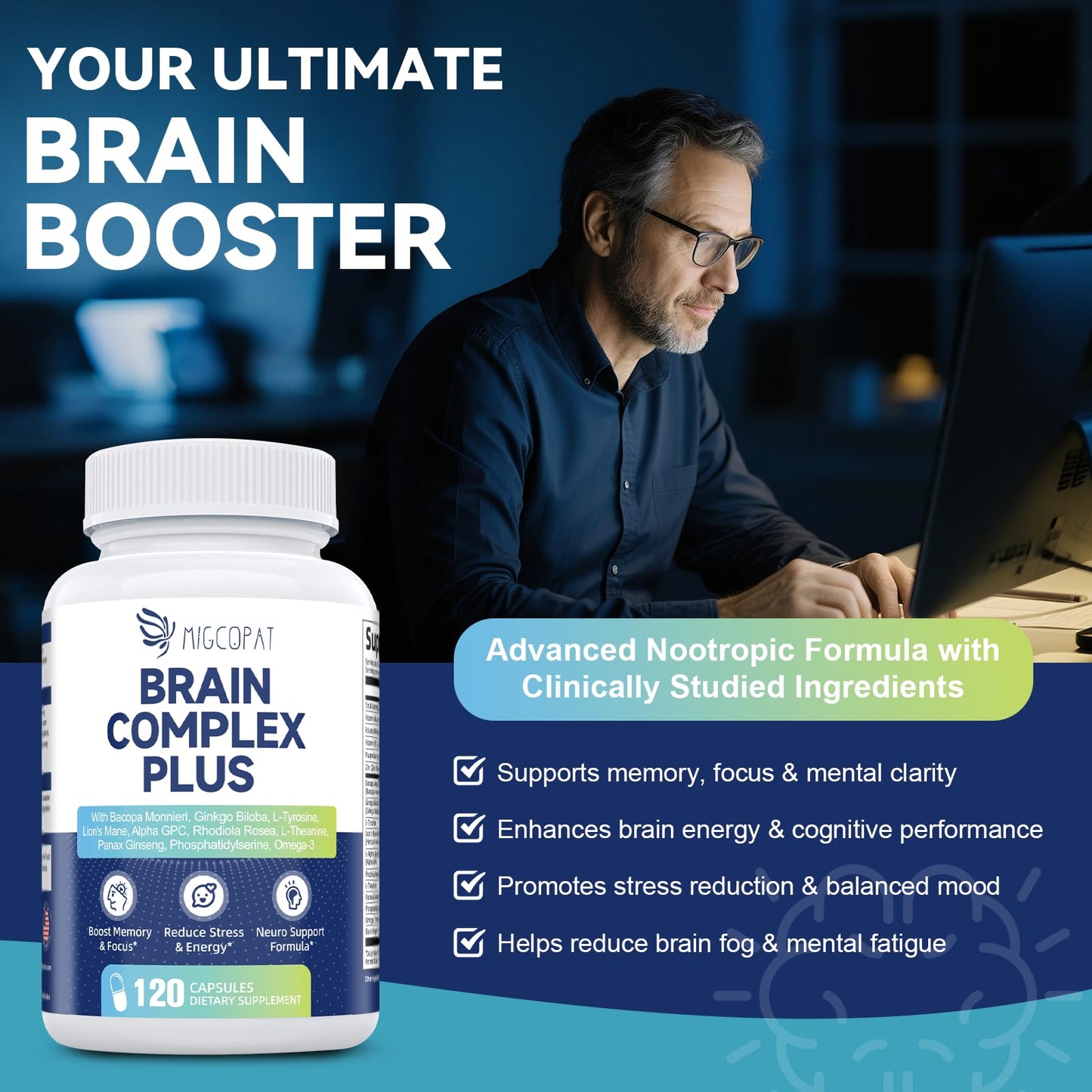 Brain Supplements for Memory & Focus - Nootropic with Bacopa Monnieri, Lion's Mane, Alpha GPC, Phosphatidylserine | Supports Mental Clarity & Cognitive Function | Vitamin B6 & B12-120 Capsules - Nirvana Guru