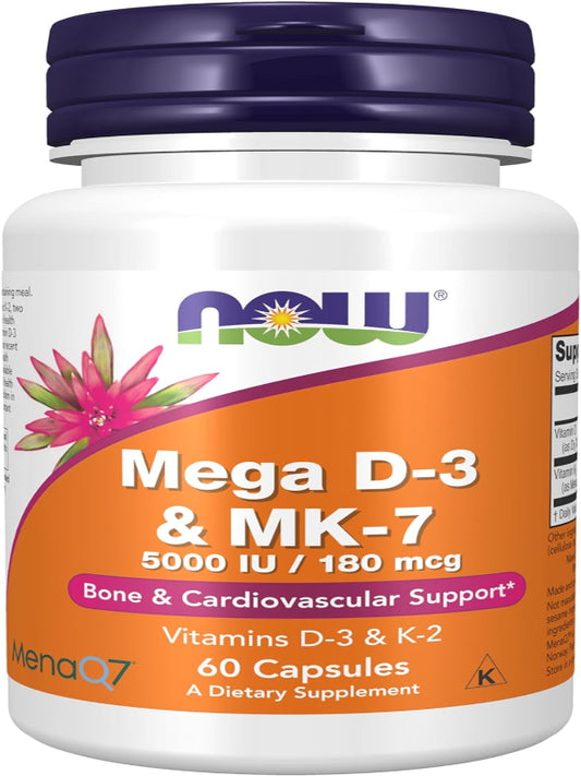 NOW Foods Supplements, Mega D-3 & MK-7 with Vitamins D-3 & K-2, 5,000 IU/180 mcg, Bone & Cardiovascular Support*, 60 Veg Capsules - Nirvana Guru