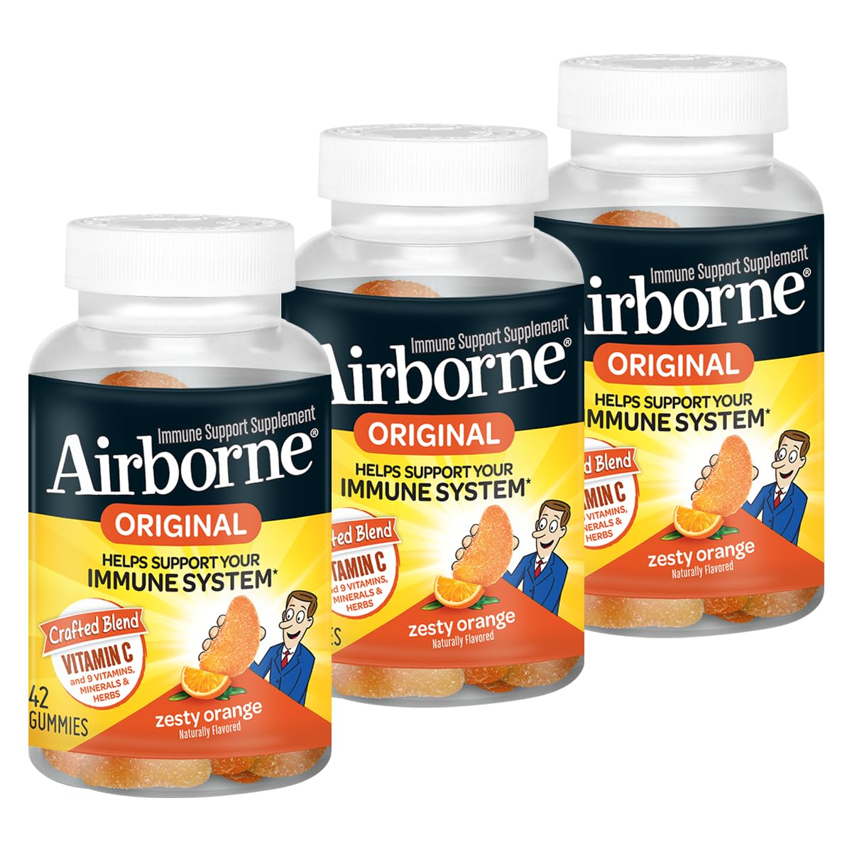 Airborne 750mg Vitamin C Immune Support Supplement Gummies for Adults, Zesty Orange Flavor, Gluten Free Crafted Blend with Powerful Antioxidants Vitamins C & E, 42 Gummies (2 Pack) Nirvana Guru