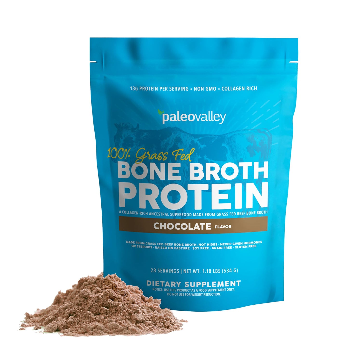 Paleovalley 100% Grass Fed Beef Bone Broth Protein Powder - Rich in Collagen Peptides for Hair, Skin, Gut Health, Bone and Joint Support - 28 Servings, 15g Protein Per Serving - No Gluten or GMOs - Nirvana Guru