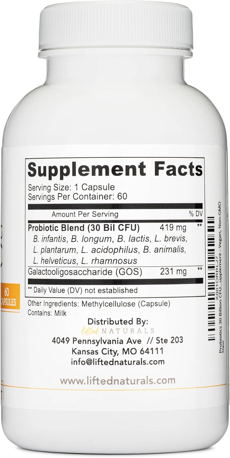 Lifted Naturals Mood Boosting Probiotic 30 Billion CFU - Mood Support Supplement, Prebiotics and Probiotics for Women & Men, Acidophilus Lactobacillus Probiotic, Shelf Stable & Non-GMO, 60 Capsules - Nirvana Guru