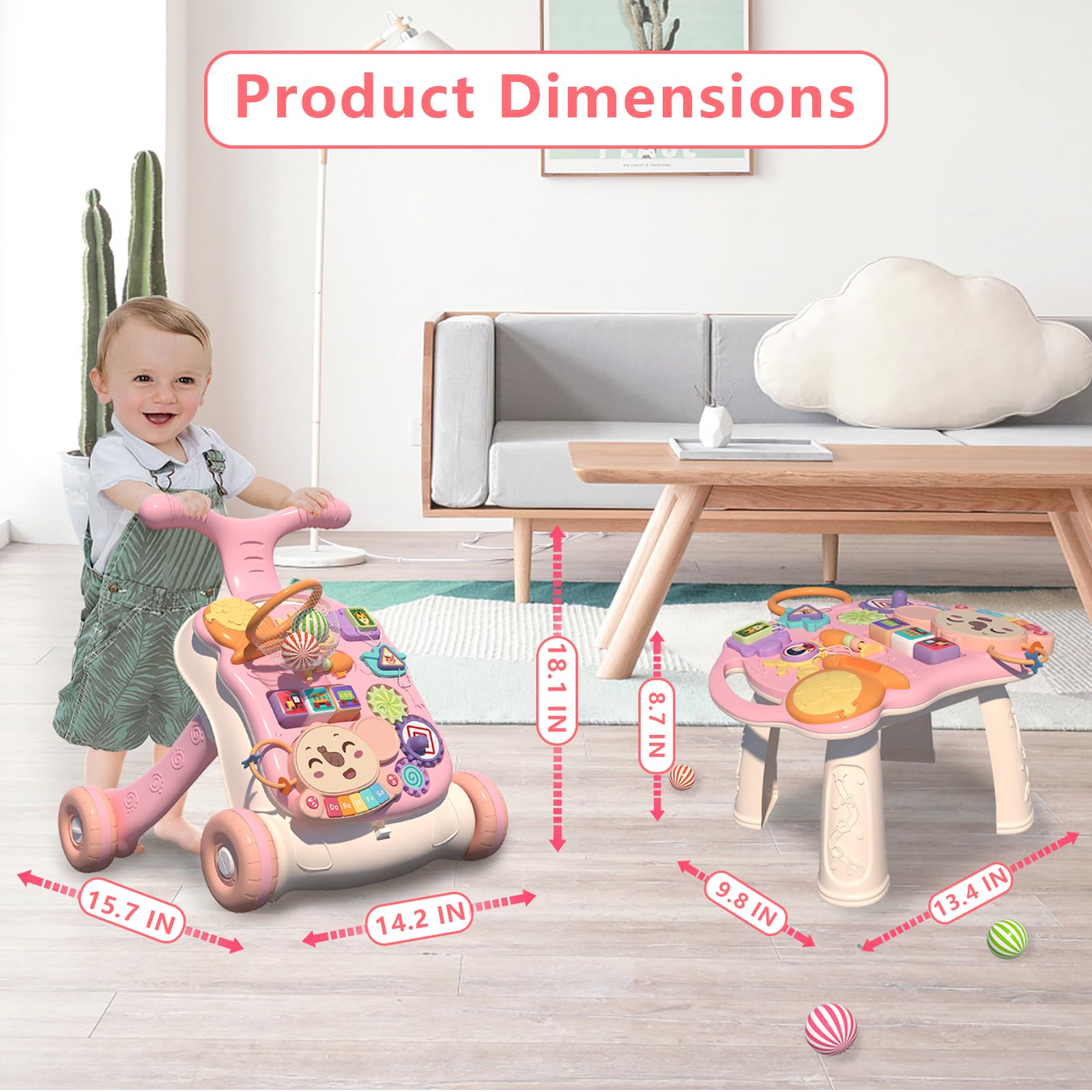 QDRAGON 3 in 1 Baby Walker and Activity Center for Girl, Learning to Walk, Sit to Stand, Early Educational Push Toys with Music Panel for Infant Toddler 12+ Months Pink Nirvana Guru