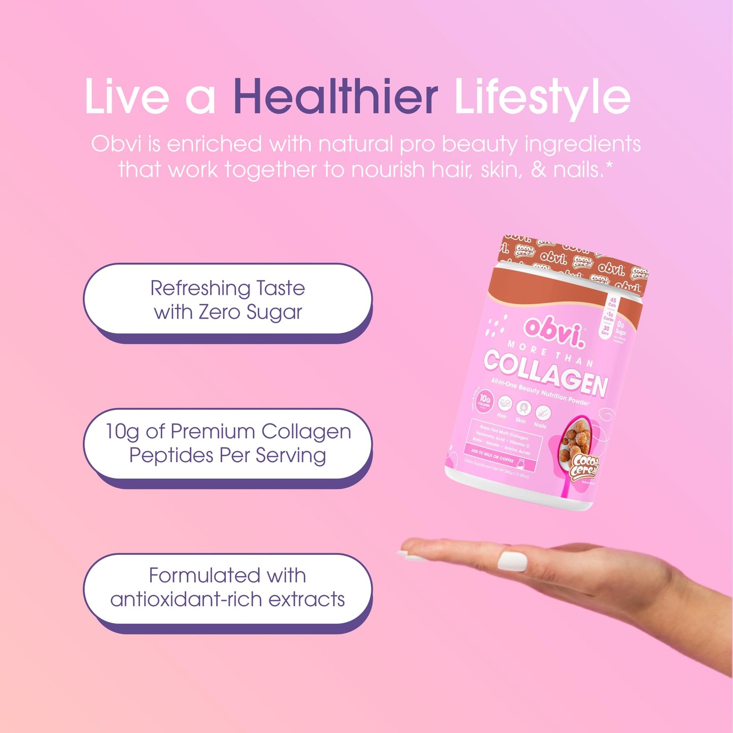 Obvi More Than Collagen Powder | Supports Healthy Hair, Skin, Nails, Joints, Gut | Grass-Fed Multi Collagen Supplement with Hyaluronic Acid, Biotin, Keratin | Cocoa Cereal, 30 Servings - Nirvana Guru