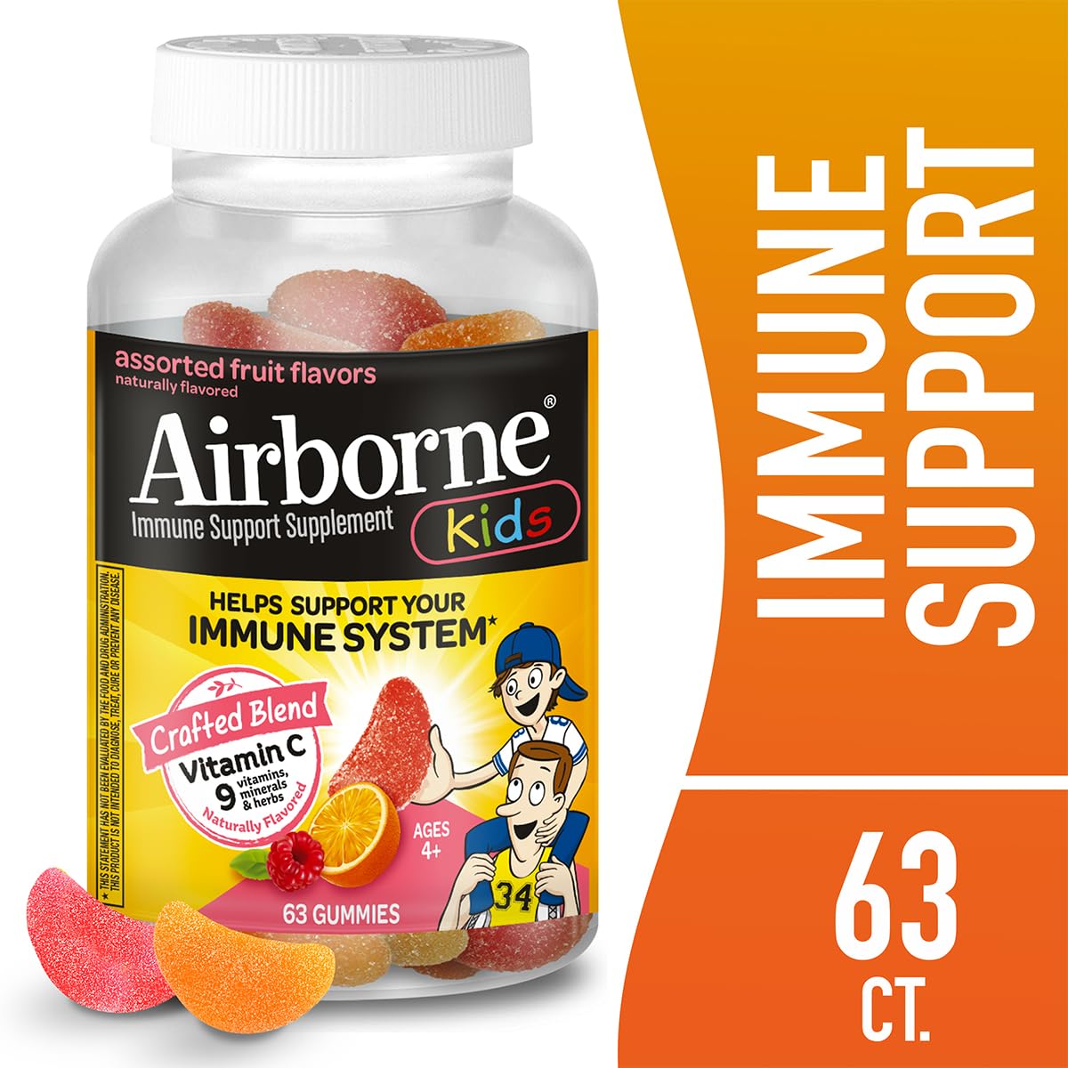 Airborne Vitamin C 500mg (per Serving) - Assorted Fruit Flavored Kids Gummies (63 Count in a Bottle), Gluten-Free Immune Support Supplement with Vitamins C E, Selenium Nirvana Guru