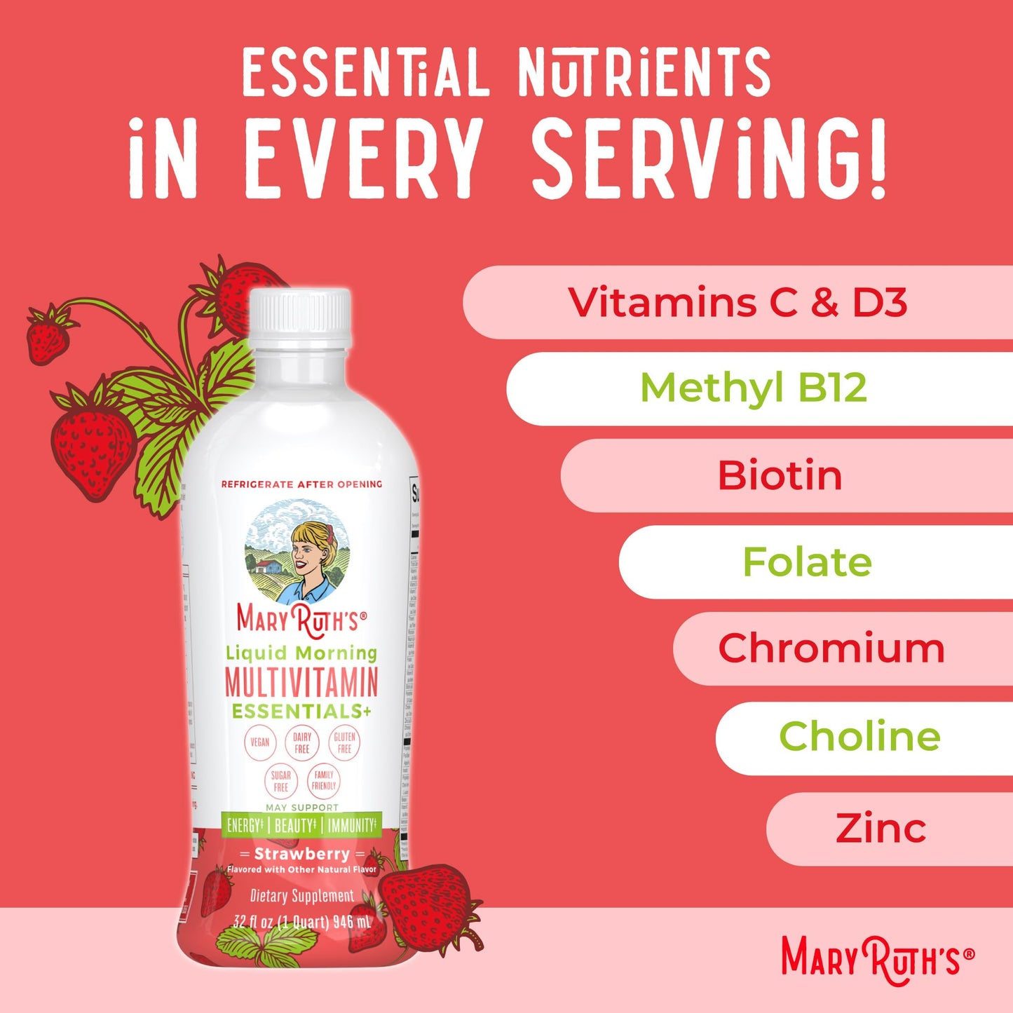 MaryRuth's Liquid Morning Multivitamin Essentials+ | Vitamin A C D E B6 B12 Biotin Zinc | Mens Womens Multivitamin | Immune Support | Beauty | Sugar Free | Vitamins for Ages 1+ | Vegan | 32 Fl Oz - Nirvana Guru