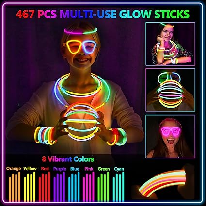 BUDI 467Pcs Glow Sticks - Halloween Party Favors Glow in the Dark Party Supplies for Kids Adults 4th of July Accessories Neon Decors Glowsticks Bulk 8 Inch & Connectors Necklace Bracelet Glasses nirvanaguru
