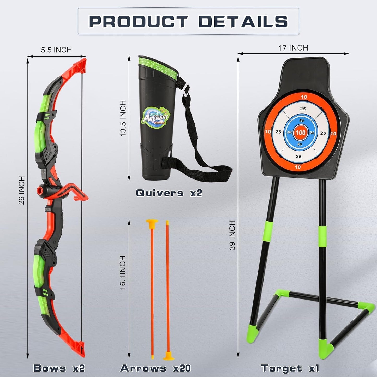Bow and Arrow Set for Kids, 2-Pack LED Light Up Archery Set with 20 Suction Cup Arrows, Indoor and Outdoor Toy for Boys Girls Age 4-8 8-12 with Standing Target&2 Quivers, Birthday Gift 3-12 Years Old Nirvana Guru