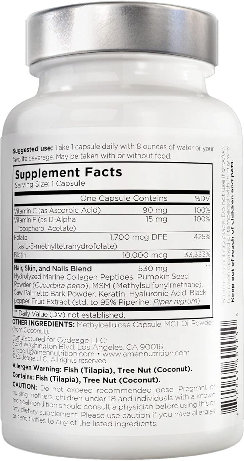 Amen Biotin Collagen Vitamins+ 10,000 mcg Biotin Supplement - Hydrolyzed Collagen, Vitamins C & E, Folate, Hyaluronic Acid, Keratin, MSM, Saw Palmetto - 3-Month Supply - Non-GMO - 90 Capsules Nirvana Guru