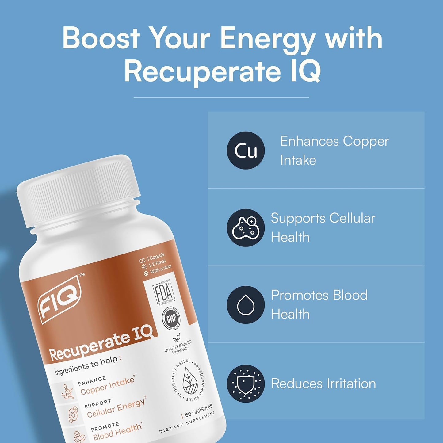 FIQ - Recuperate IQ - 5-in-1 Copper Supplements with Copper Bisglycinate - Easy-to-Swallow 2mg Capsules - High Absorption, Boosts Energy - 60 Capsules Nirvana Guru