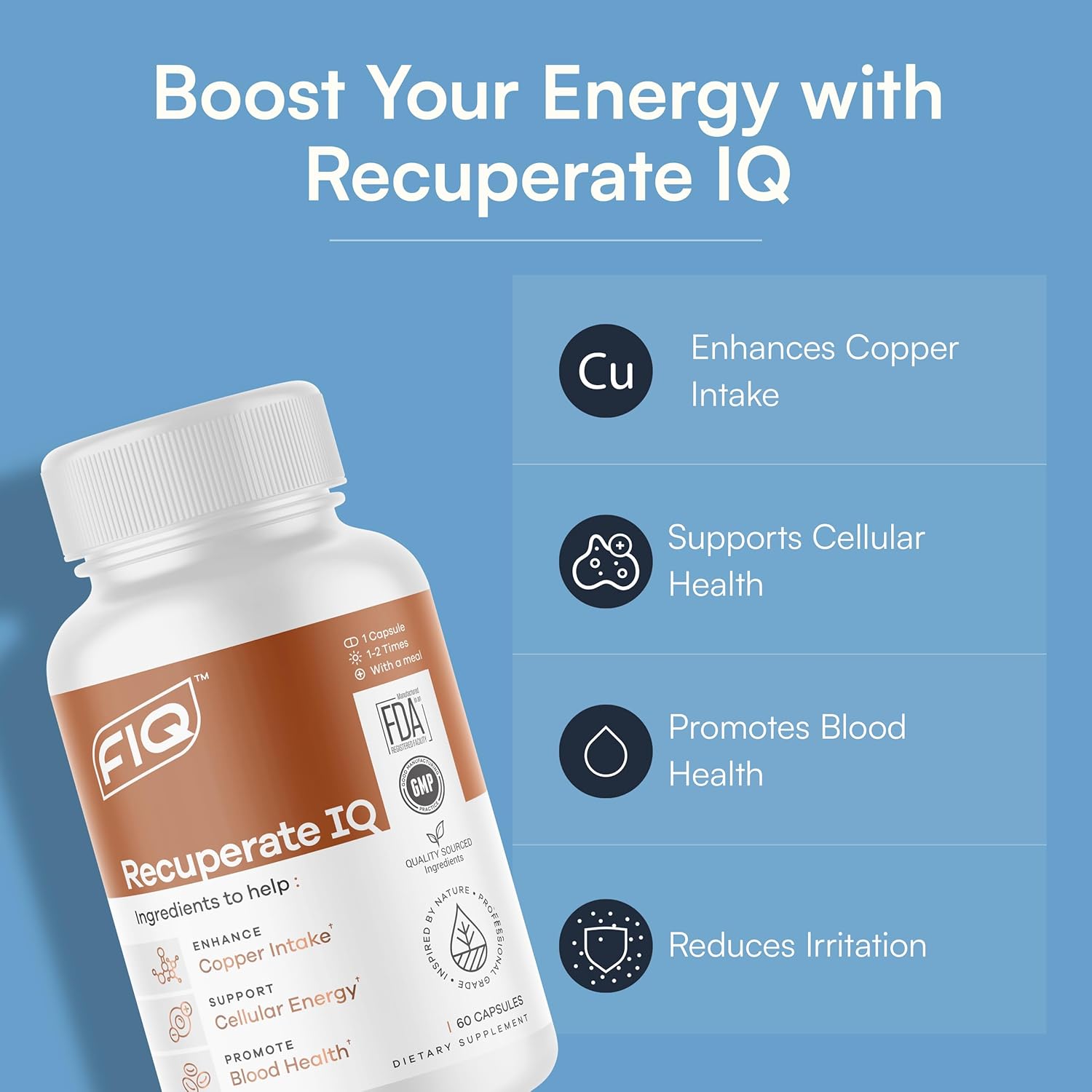 FIQ - Recuperate IQ - 5-in-1 Copper Supplements with Copper Bisglycinate - Easy-to-Swallow 2mg Capsules - High Absorption, Boosts Energy - 60 Capsules Nirvana Guru