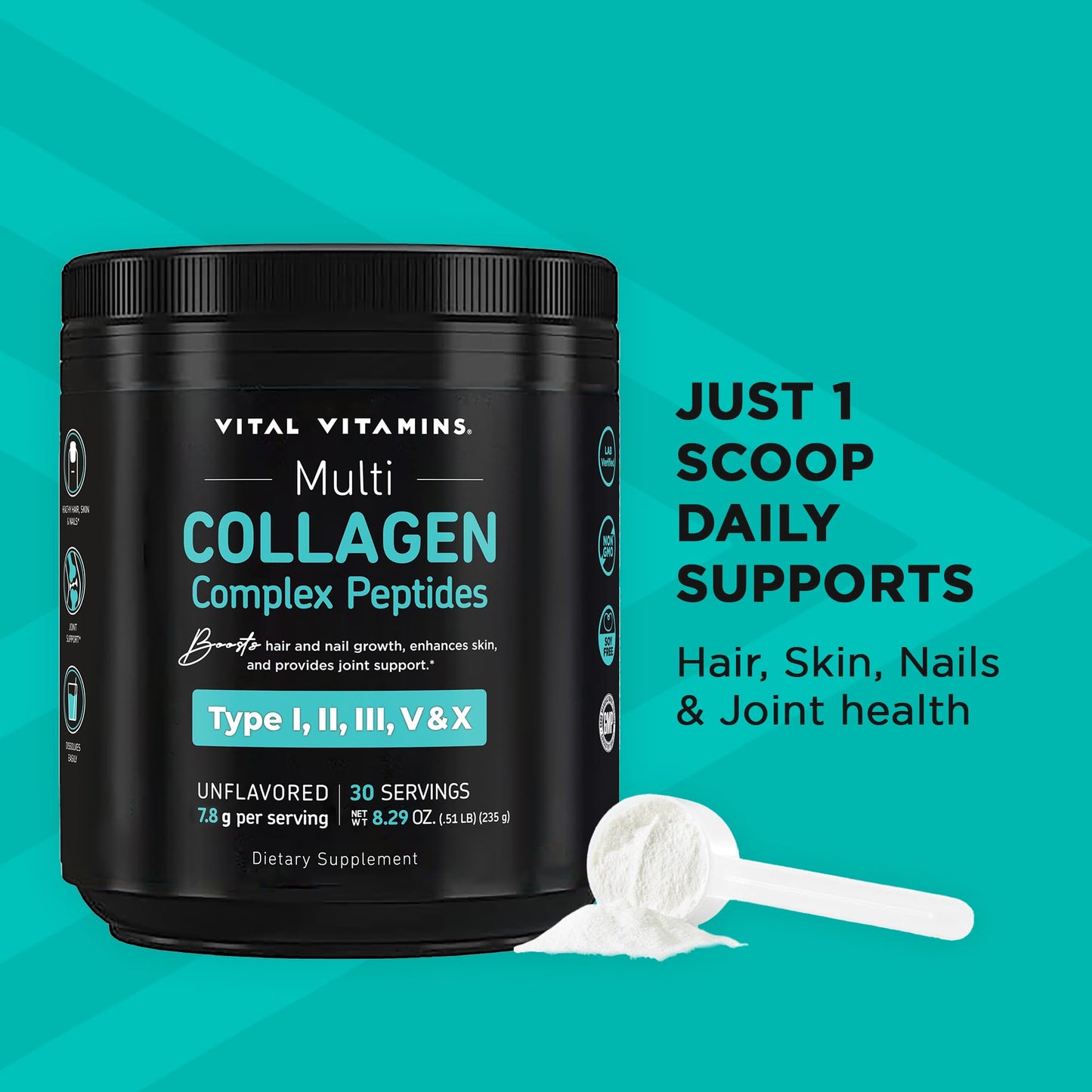 Vital Vitamins Multi Collagen for Women & Men - Type I, II, III, V, X - Grass Fed, Non-GMO - 150 Capsules