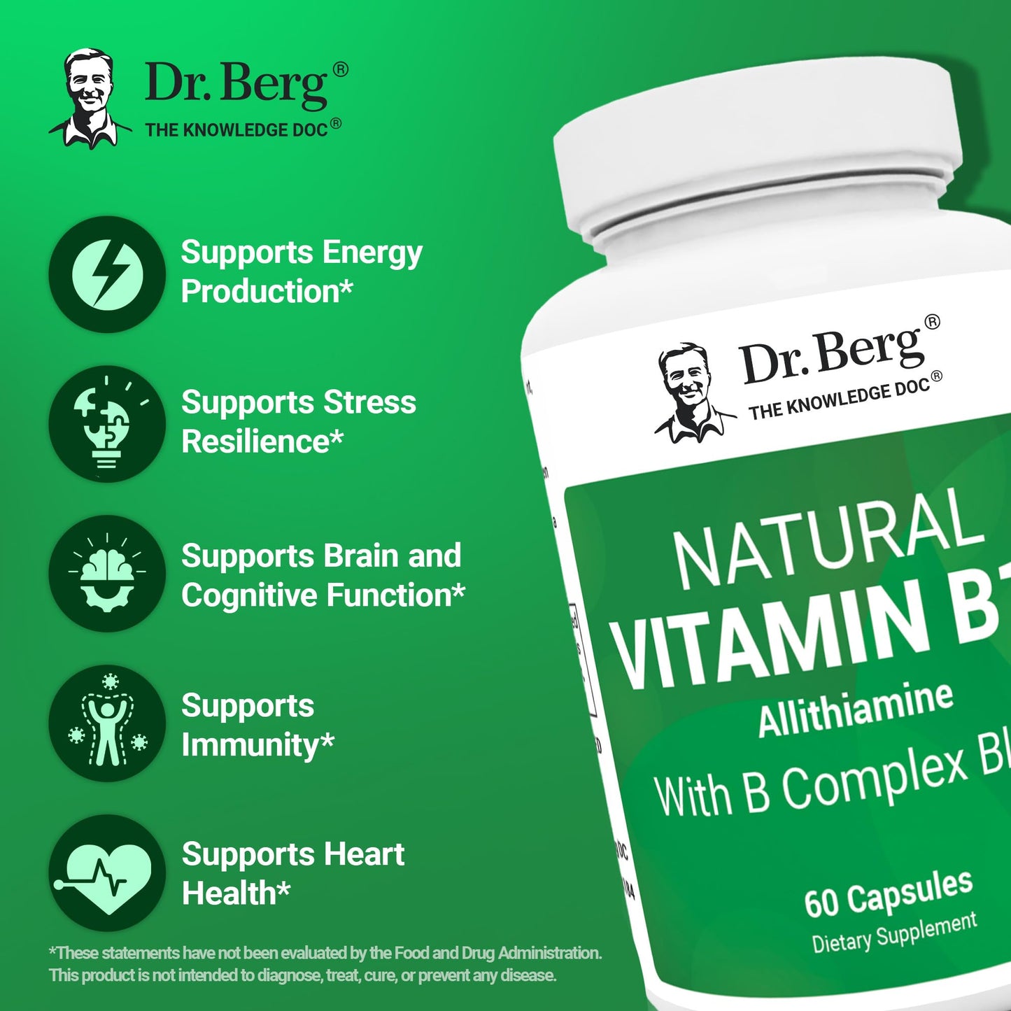 Dr. Berg Natural Vitamin B1 B6 B12 Complex - Allithiamine Vitamin B1 Supplement with 8 Essential Vitamin B Complex for Men & Women Including Thiamin, Niacin, Folate, Magnesium & More - 60 Capsules - Nirvana Guru
