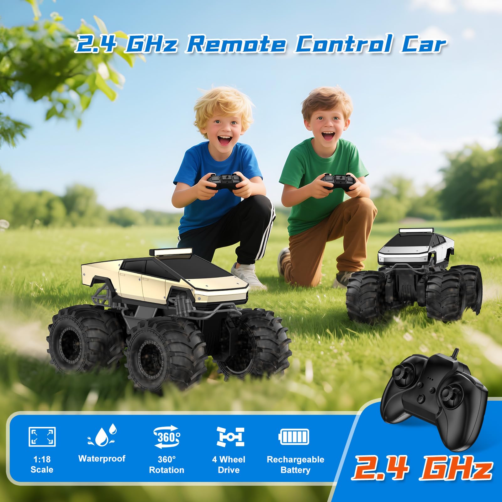 Remote Control Car for Boys, 1:18 Monster Trucks Toys Amphibious RC Cars, 2.4 GHz Waterproof RC Cyber Trucks, 4WD All Terrain Off-Road Pickup, Kids Toy for 6+ Year Old Boy Girl Christmas Birthday Gift Nirvana Guru
