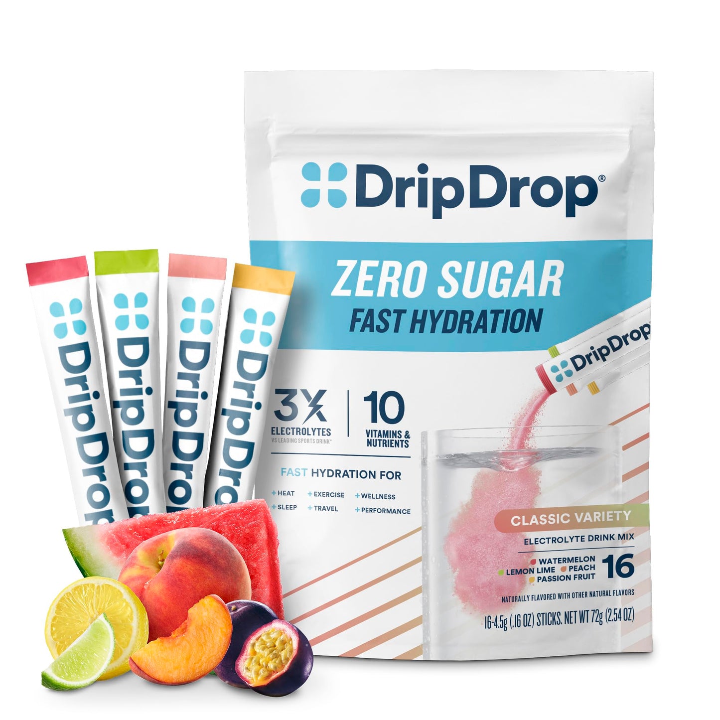 DripDrop Sugar Free Hydration Packets - Zero Classic Variety Pack - Single Serve Electrolytes Powder Drink Mix - Lemon Lime, Watermelon, Peach, Passion Fruit - Non-GMO, Gluten Free, Vegan - 32 Sticks