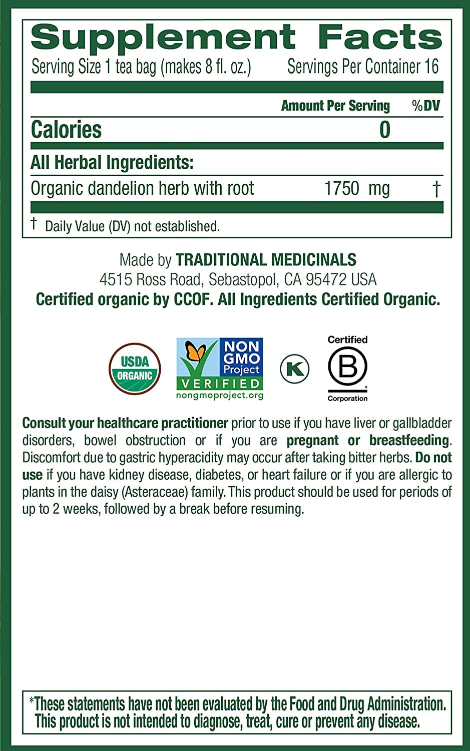 Traditional Medicinals Tea, Organic Dandelion Leaf & Root, Supports Kidney Function & Healthy Digestion, 16 Tea Bags - Nirvana Guru