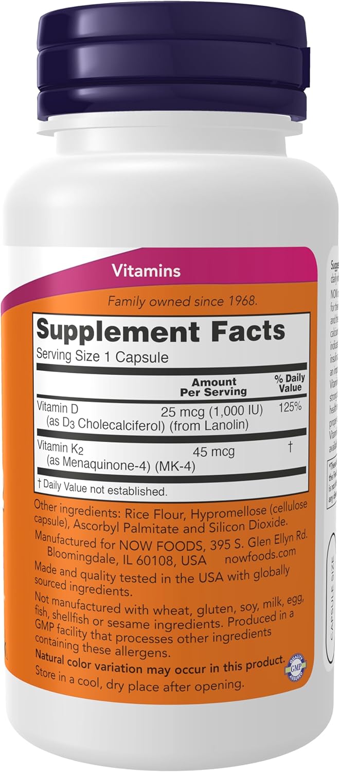 NOW Supplements, Vitamin D-3 & K-2, 1,000 IU/45 mcg,Plus Cardiovascular Support*, Supports Bone Health*, 120 veg Capsules - Nirvana Guru