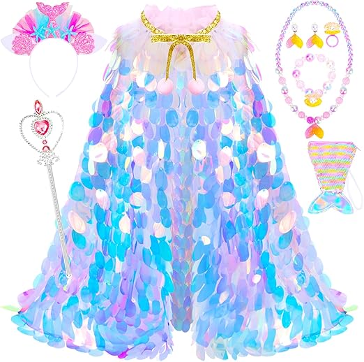 Princess Dress Up Toys Princess Dress Up Clothes Rainbow Mermaid Cape Kit 9 Pcs Gift Set for Little Girls 3-8 Years nirvanaguru