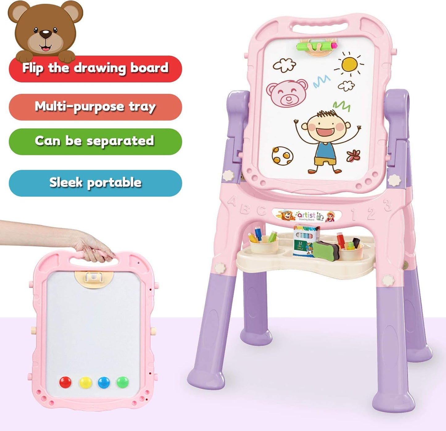 Art Easel for Kids, Adjustable Standing Rotatable Double Sided Easel with Painting Accessories for Toddlers Boys and Girls-Pink Nirvana Guru