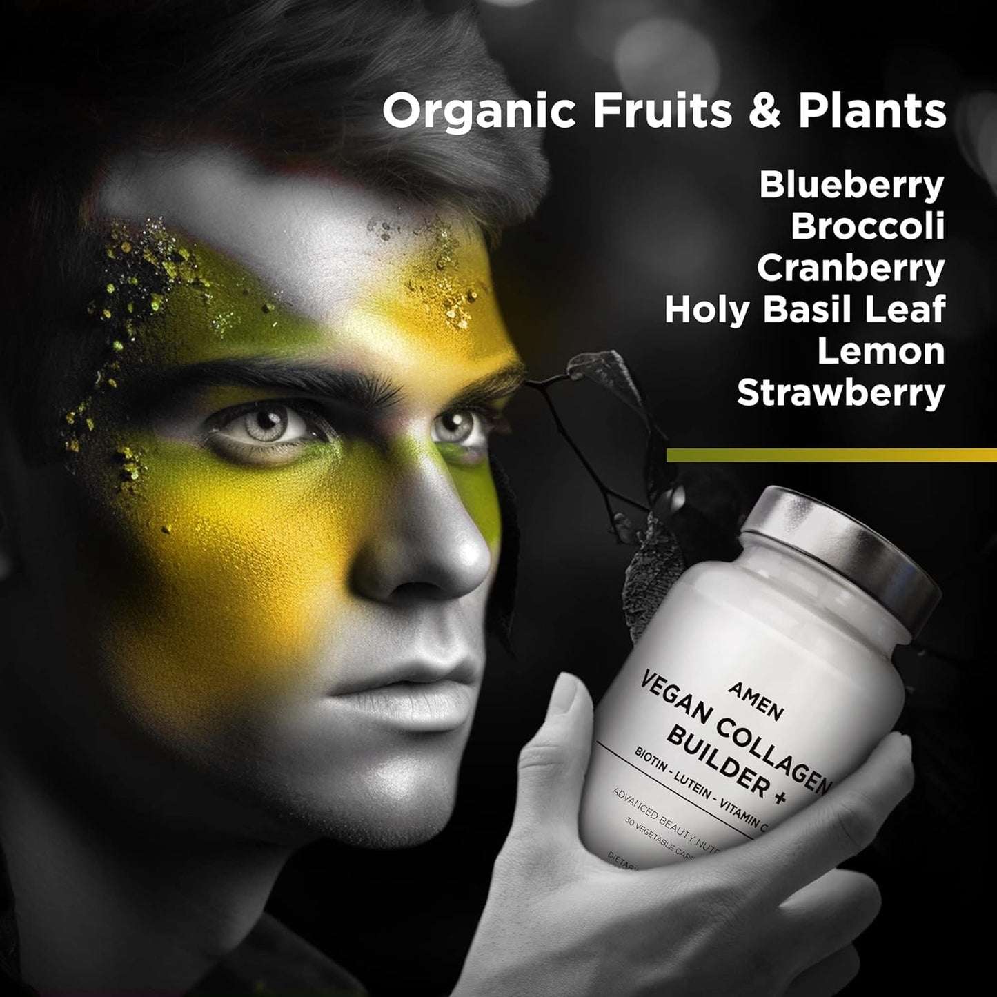 Amen Plant-Based Vegan Collagen Builder Supplement - Organic Whole Foods, Lutein, Vitamin C, Biotin, Lysine, Proline Collagen Boosters - Organic Cranberry, Lemon, Strawberry - Once A Day - 30 Capsules Nirvana Guru