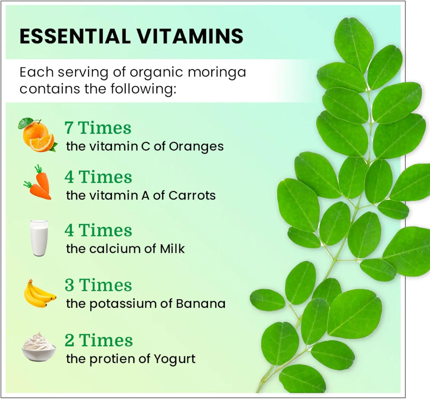Organic Moringa, Nutrient-Dense Antioxidant Support with Vitamin C, A, E, Calcium, Potassium, Iron, Magnesium, Protein & Amino Acids for Hydration & Energy, Vegan, 1200 MG Per Serving, 90 CT