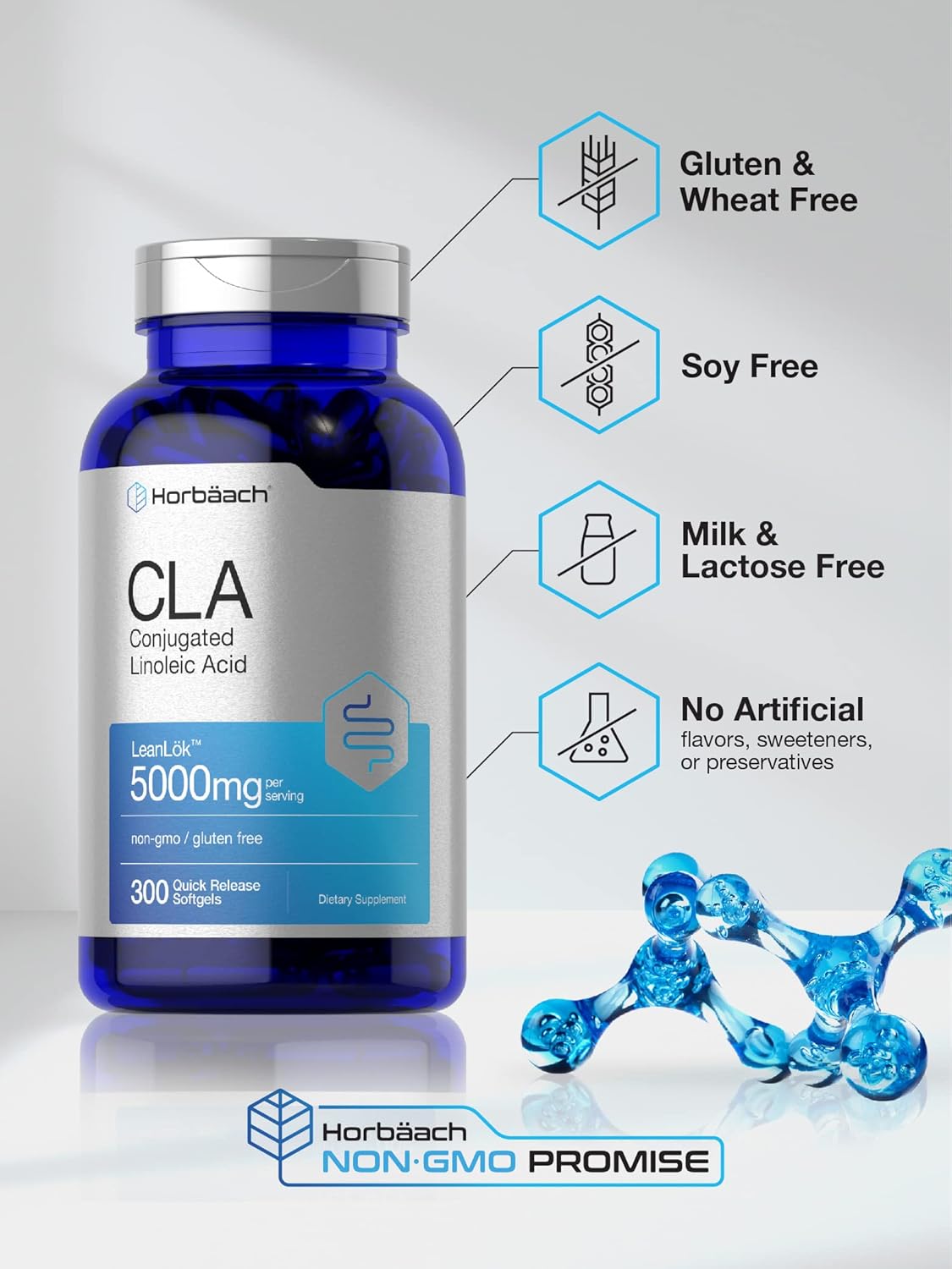 Horbäach CLA Supplement | 300 Softgel Pills | Maximum Potency | Conjugated Lineolic Acid from Safflower Oil | Non-GMO, Gluten Free - Nirvana Guru