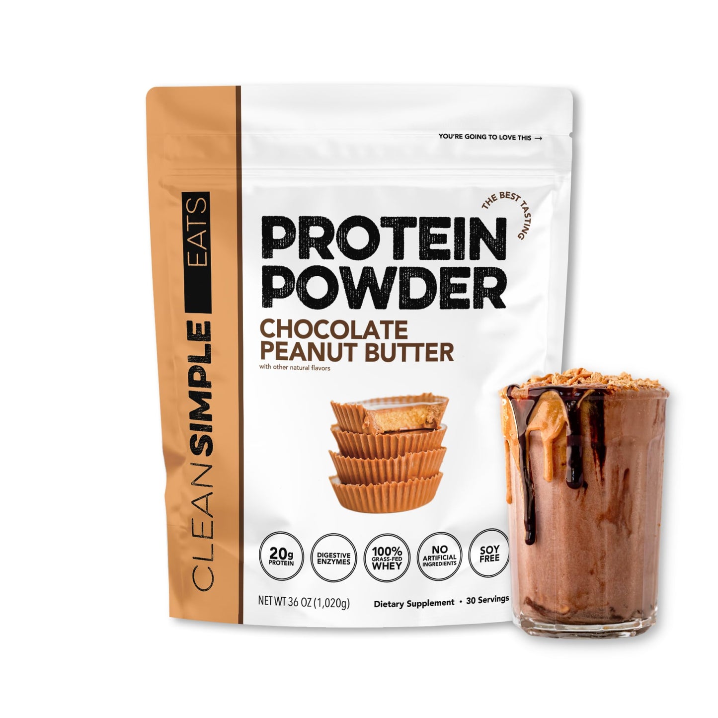 Clean Simple Eats Whey Protein Powder, Simply Vanilla Flavor Naturally Sweetened, 100% Grass Fed Protein Powder with Digestive Enzymes & No Artificial Ingredients, Gluten Free, 30 Servings