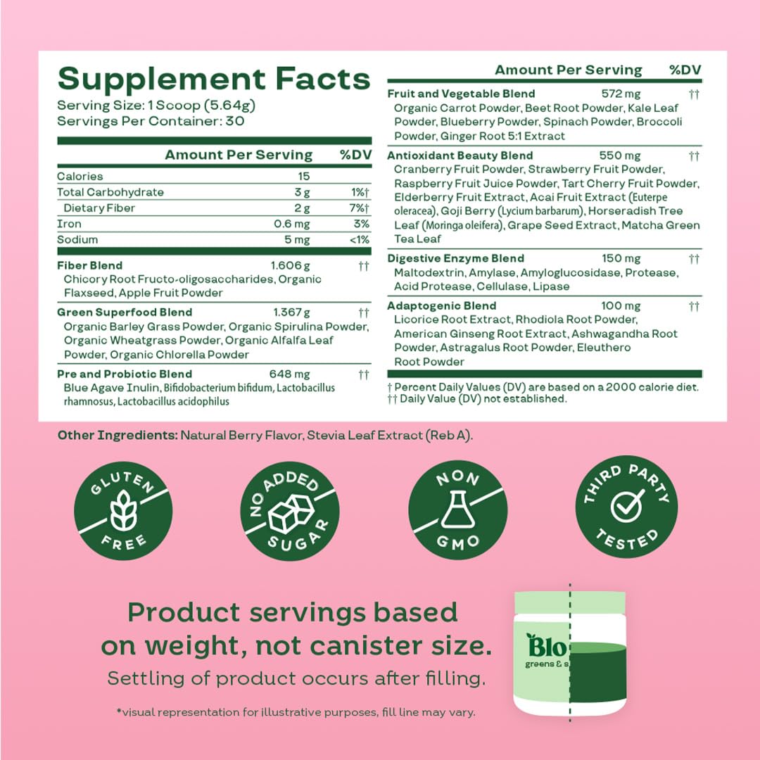 Bloom Nutrition Greens and Superfoods Powder for Digestive Health, Greens Powder, Digestive Enzymes, Probiotics, Spirulina, Chlorella for Bloating & Gut Support, Green Juice, 30 SVG, Strawberry Kiwi