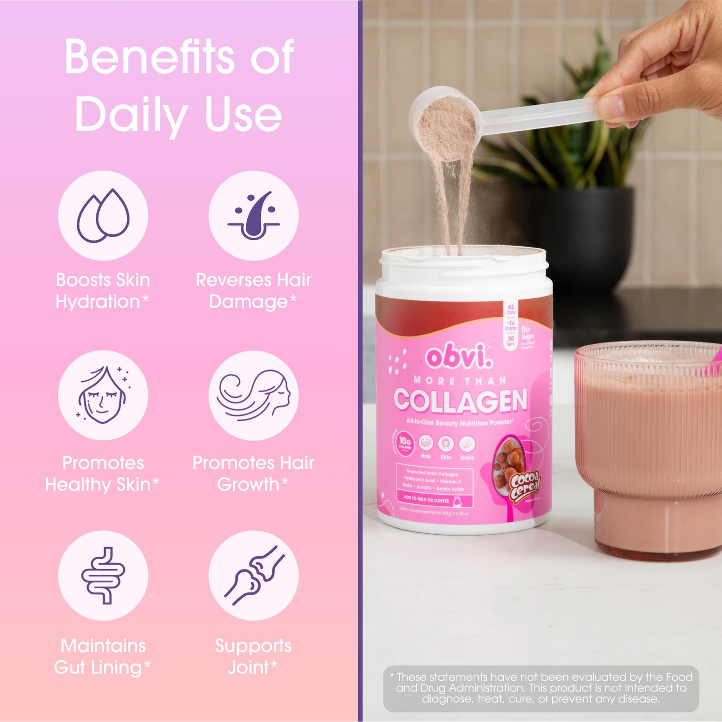 Obvi More Than Collagen Powder | Supports Healthy Hair, Skin, Nails, Joints, Gut | Grass-Fed Multi Collagen Supplement with Hyaluronic Acid, Biotin, Keratin | Cocoa Cereal, 30 Servings - Nirvana Guru