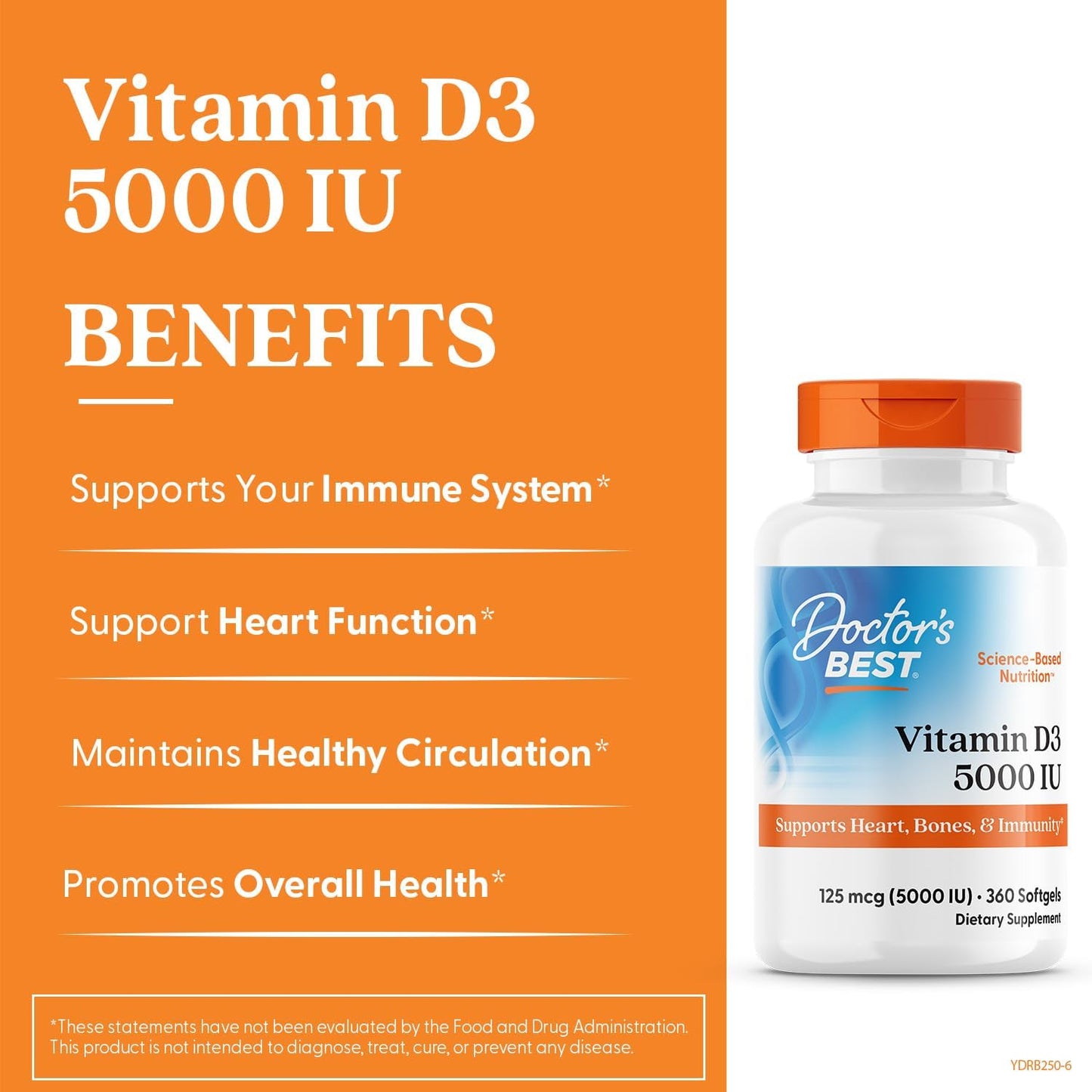 Doctor's Best Vitamin D3 5,000 IU for Healthy Bones, Teeth, Heart and Immune Support, Non-GMO, Gluten-Free, Soy Free, 360 Count (Pack of 1) - Nirvana Guru