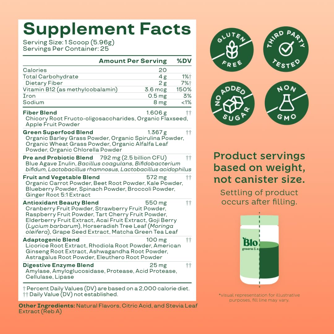 Bloom Nutrition Greens and Superfoods Powder for Digestive Health, Greens Powder, Digestive Enzymes, Probiotics, Spirulina, Chlorella for Bloating & Gut Support, Green Juice, 30 SVG, Strawberry Kiwi