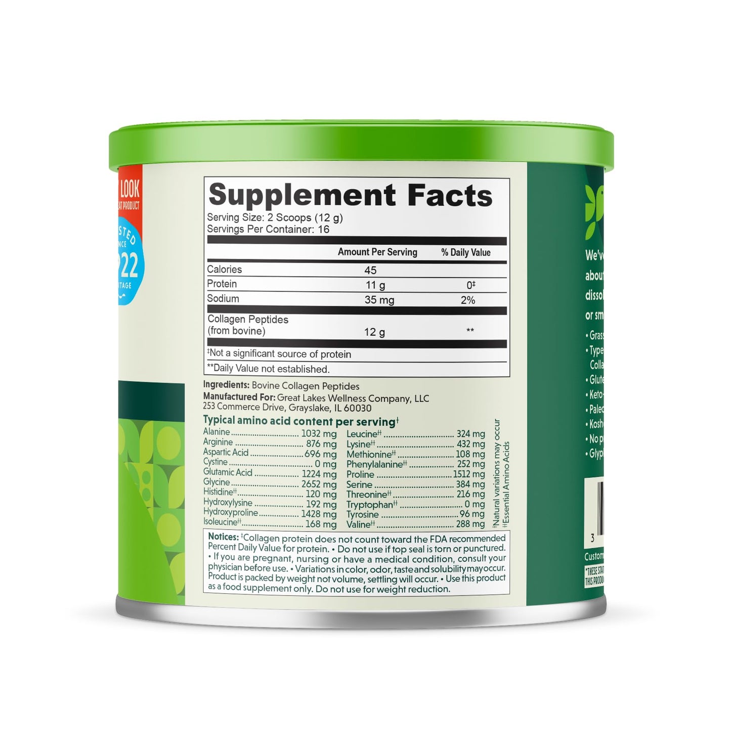 Great Lakes Wellness Collagen Peptides Powder for Skin, Hair, Nails, Joints & Digestion - Unflavored - Quick Dissolve Hydrolyzed, Non-GMO, Keto, Kosher - 16oz