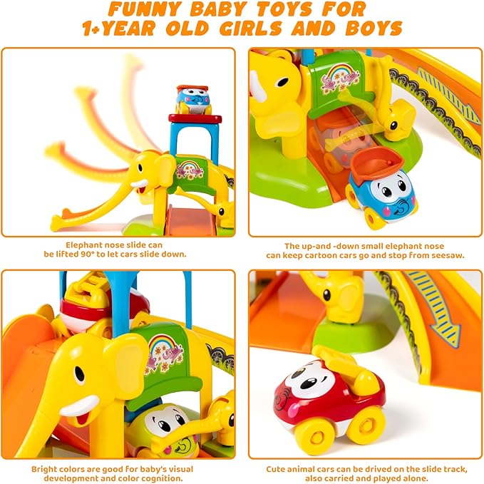 Marstone Toddler Toys for 1 2 Year Old Boys and Girls Gifts: Educational Elephant Slide with 4 Animal Cars Toys for Baby 12-18 Months, First Birthday Present Learning Push Truck Track Ages 1-2 Nirvana Guru